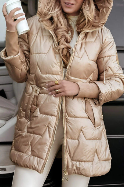 Champagne hooded mid-length puffer coat with three zipper fronts