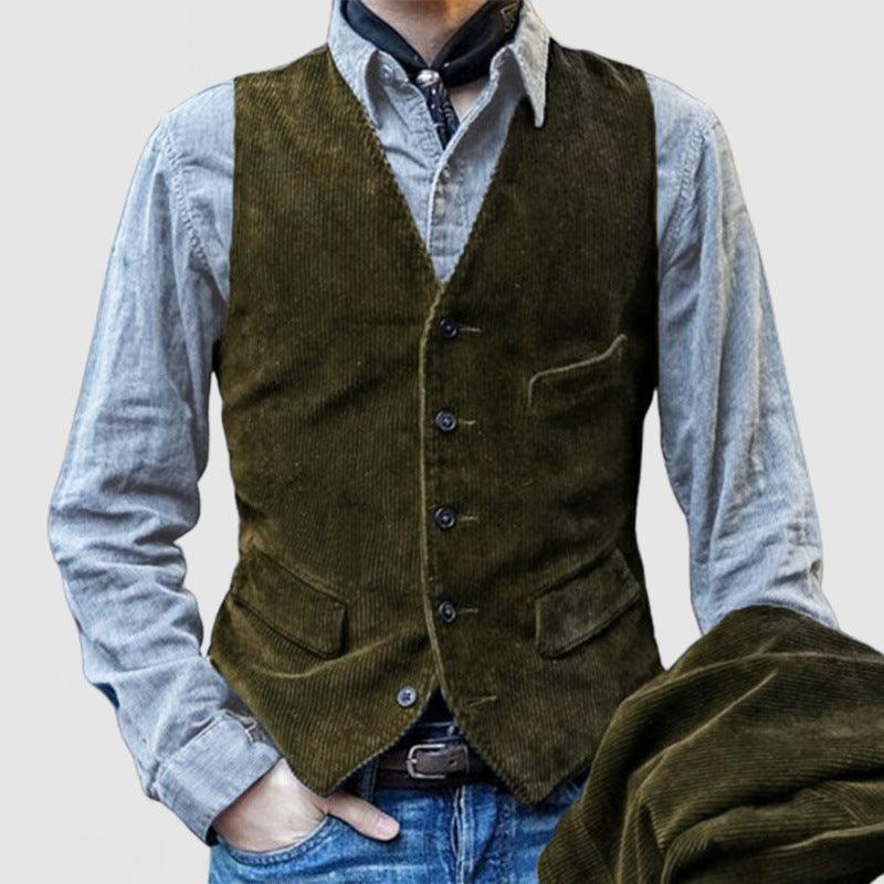 Olive green corduroy men’s vest with button front and two chest pockets
