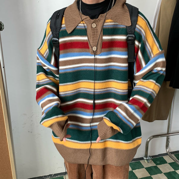 New Vintage Colored Striped Polo Knit - WOMONA.COM