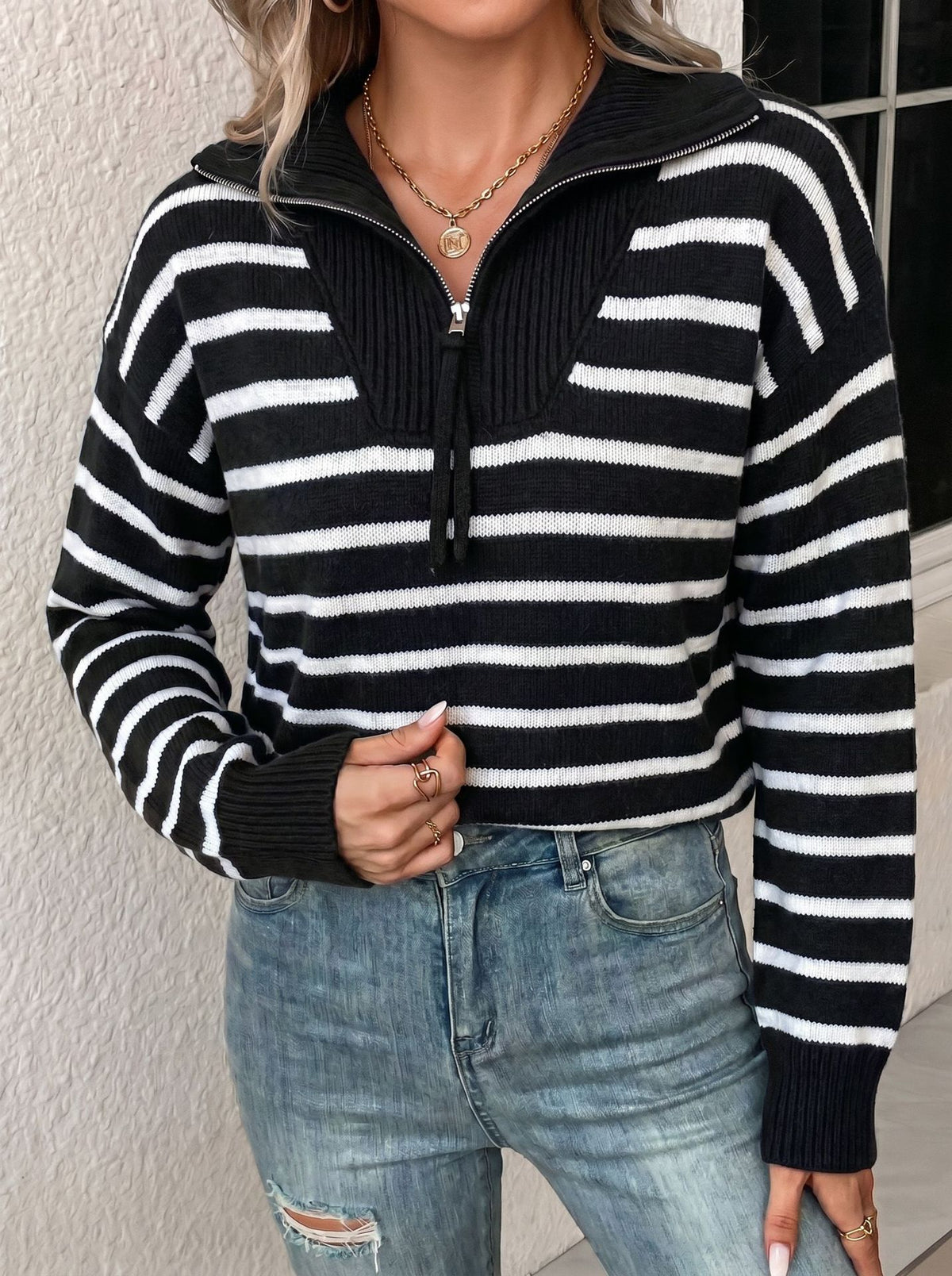 Women's Breton-Stripe Half-Zip Sweater, Black - product view 8