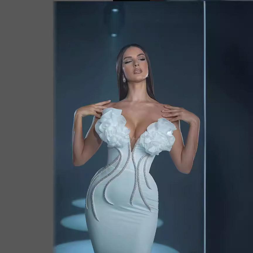 Flower Chain Strapless Long Type Evening Dress - WOMONA.COM