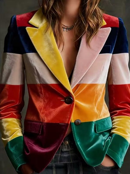 Color-block velvet jacket with wide lapels and button front