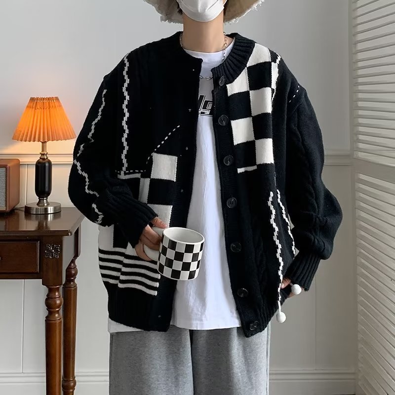 Black And White Color-contrast Check Sweater For Men - WOMONA.COM