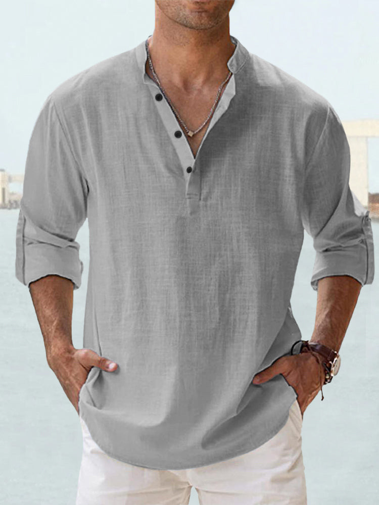 Men's linen collar long-sleeve t-shirt, gray, buttoned split neck
