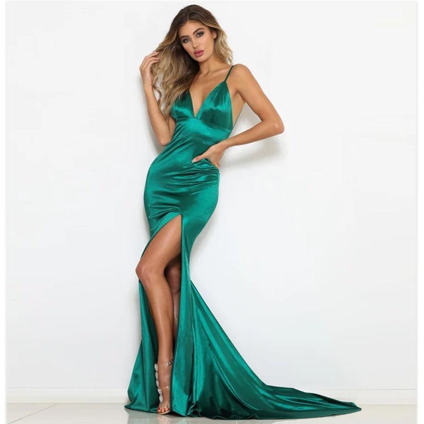 V-neck Split Banquet Evening Company Annual Meeting Dress - WOMONA.COM
