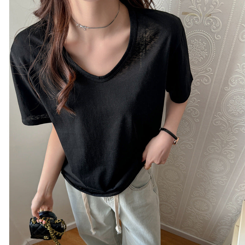Women's black V-neck short-sleeve loose-fit T-shirt, smooth jersey