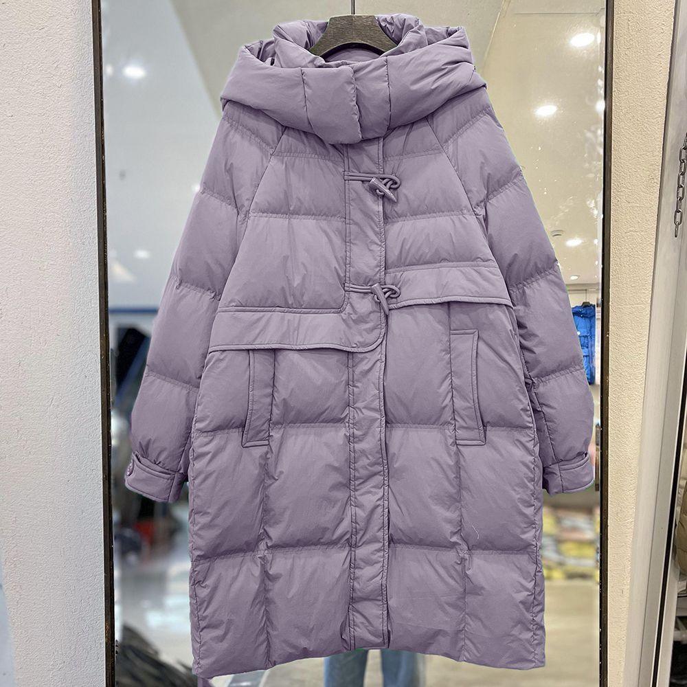 Women’s hooded long puffer down jacket in lavender, front zipper with drawstring pulls