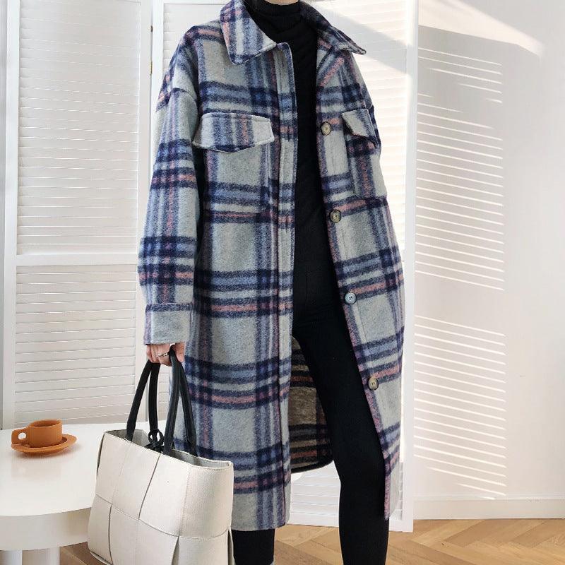 Women's mid-length check wool coat, blue and cream plaid, button front, two chest pockets
