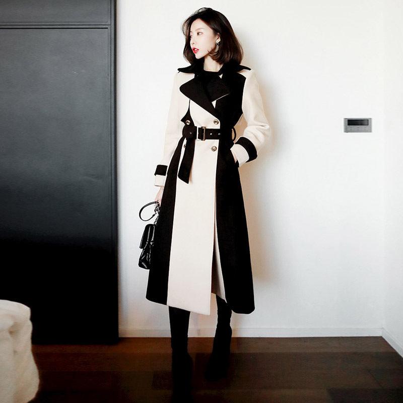 Two-tone mid-length wool coat with belt and contrast trim, front view