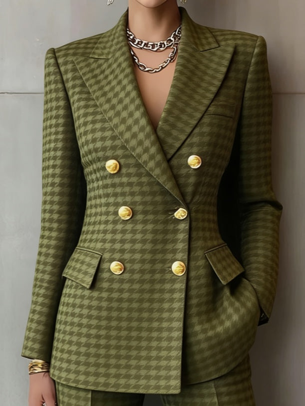 Women’s olive green houndstooth double-breasted blazer jacket with gold buttons and flap pockets.