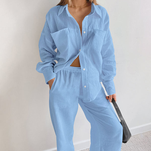 Women's Loose Casual Long Sleeves Shirt High Waist Straight Pants Suit