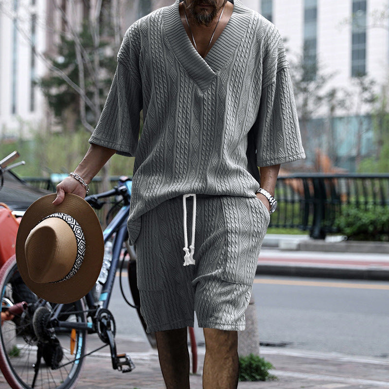 Men's Casual Loose Jacquard Knitwear Shorts Suit - WOMONA.COM