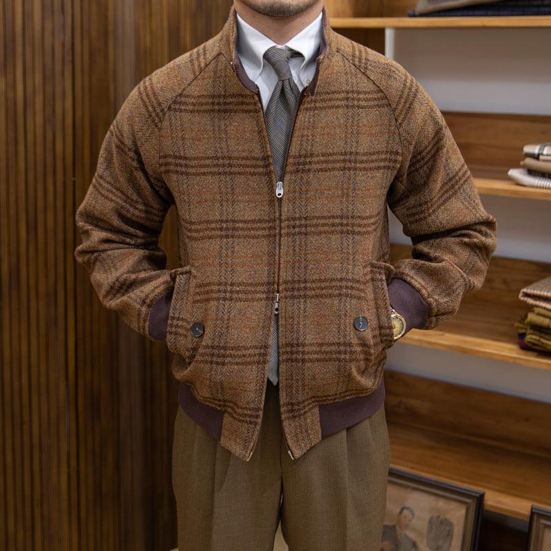 Dark brown plaid wool jacket with zip front, stand collar, and flap chest pockets