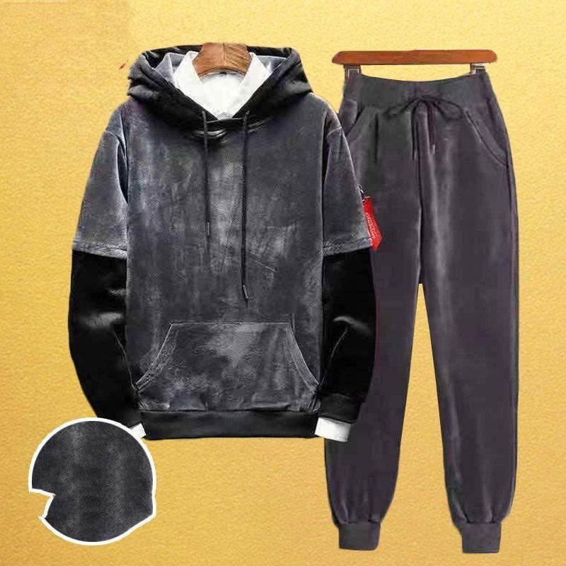 Gold Velvet Fleece-lined Two-piece Suit - WOMONA.COM