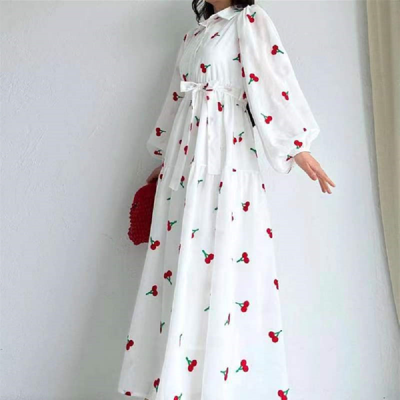 Fruit Printed Long Sleeve Waist-tight Middle East Dress - WOMONA.COM