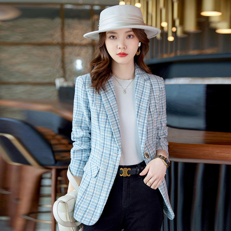 Women's blue plaid long coat with notch lapels and button-front closure