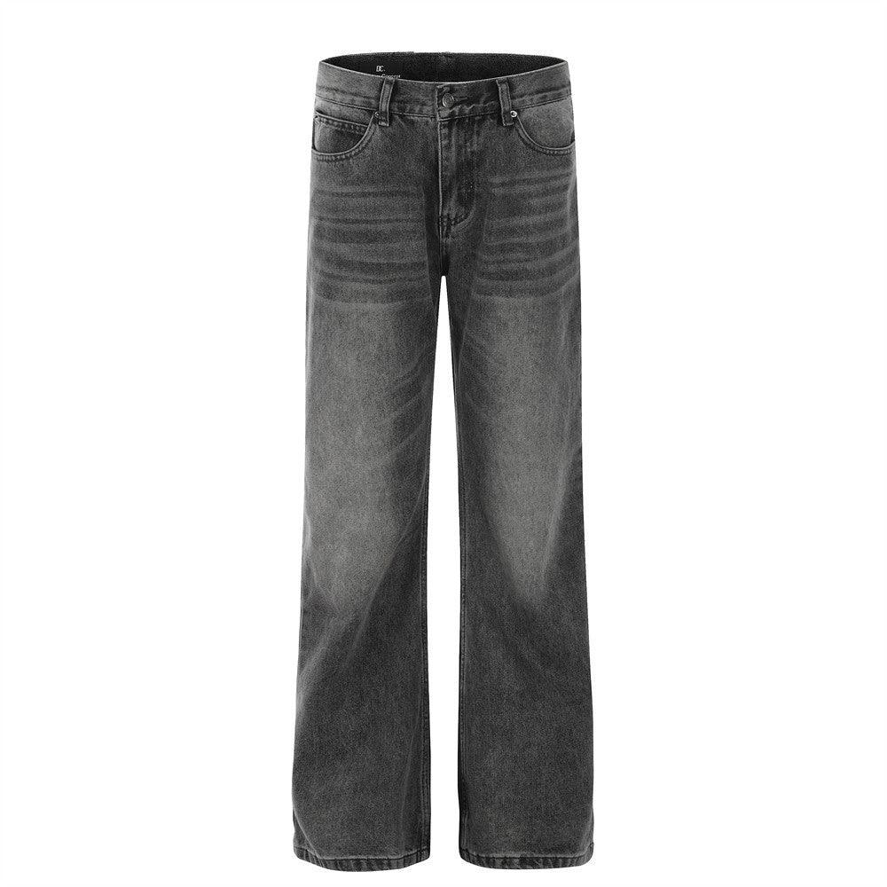 Black washed straight-leg baggy jeans with button-fly and belt loops