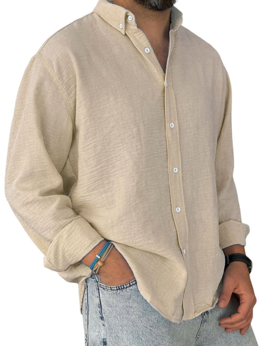 Men's washed-cotton button-down shirt, long sleeves, tan button front