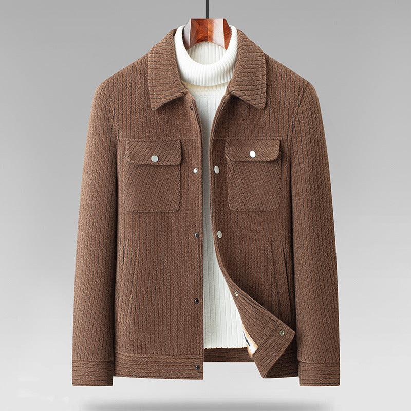 Men's brown fleece-lined coat with snap buttons, chest pockets, and knit turtleneck collar.