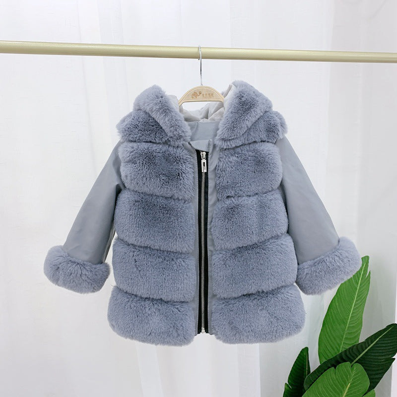 Children's Cotton Coat Rex Rabbit Hooded Faux Fur Coat - WOMONA.COM