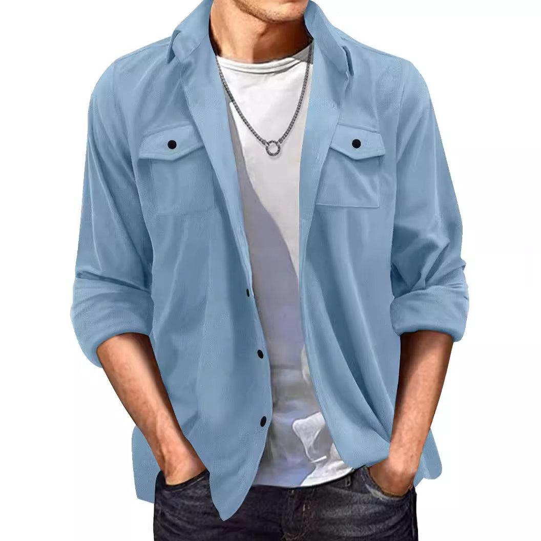 Light blue suede jacket with button front, chest pockets, and point collar