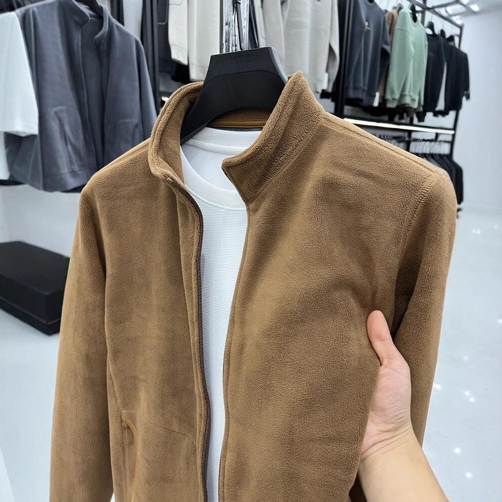 Brown men’s stand-collar zip thermal polar fleece coat, front view close-up