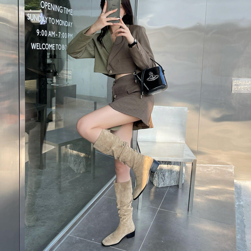 Pile Style Boots For Women Vintage Suede Chunky Heel Square Toe - WOMONA.COM