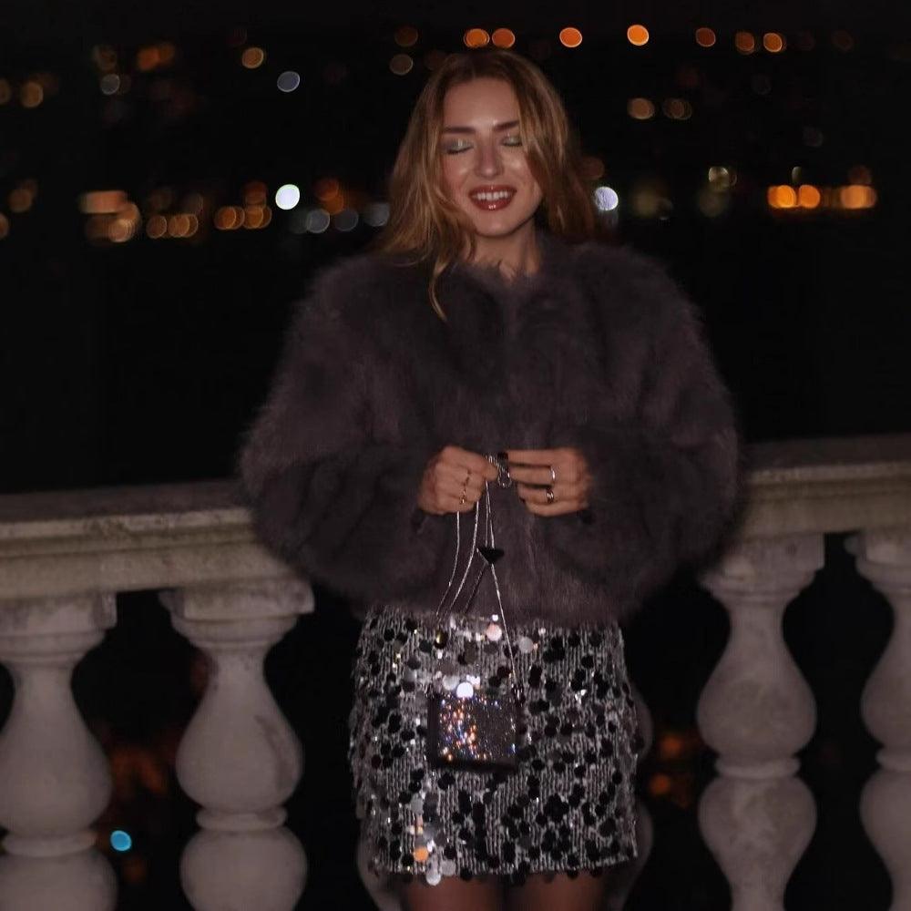 Women's faux fur jacket in dark plum, long sleeves and open front
