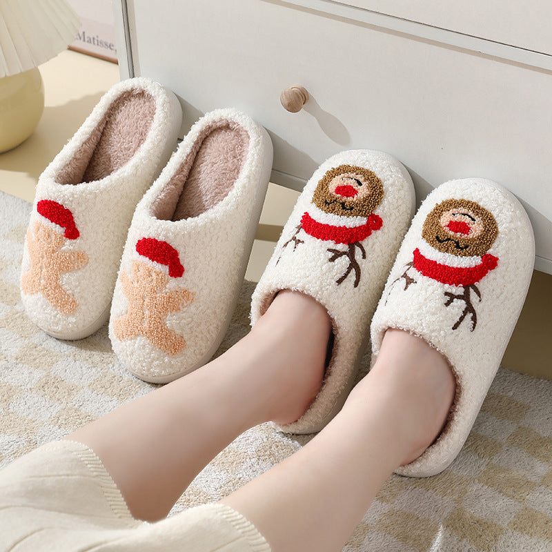 Zapatillas de casa navideñas con bonitos dibujos de Papá Noel, zapatillas de algodón para mujeres y hombres, zapatos cálidos y peludos para invierno