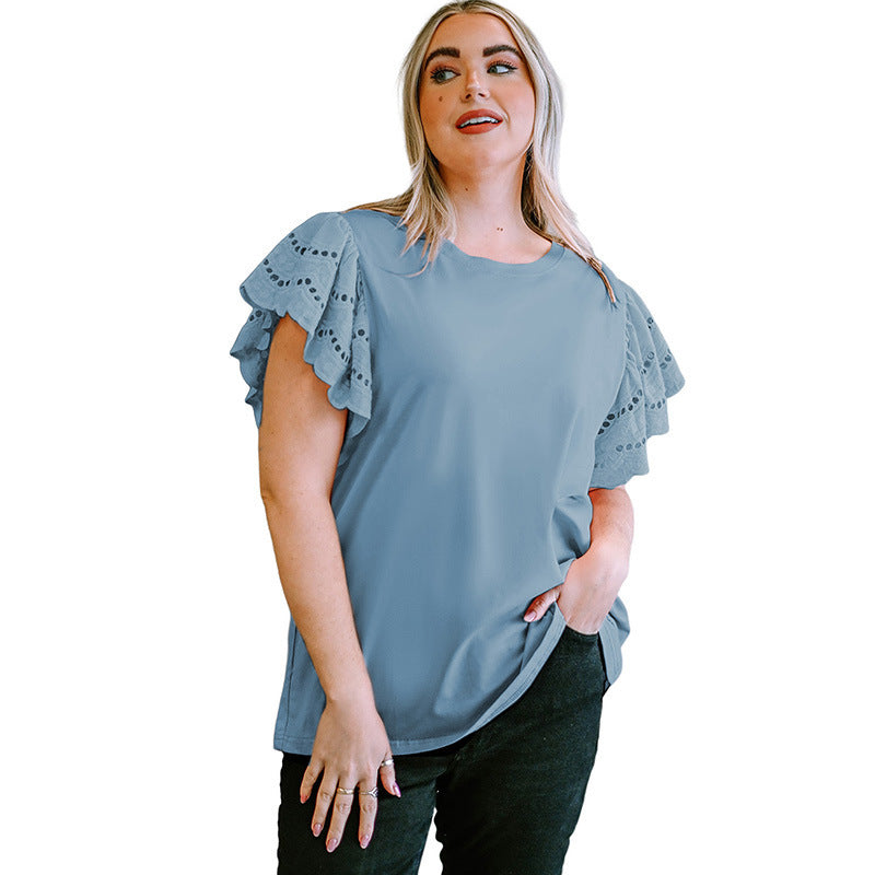 Camisa informal de manga corta con encaje calado para mujer