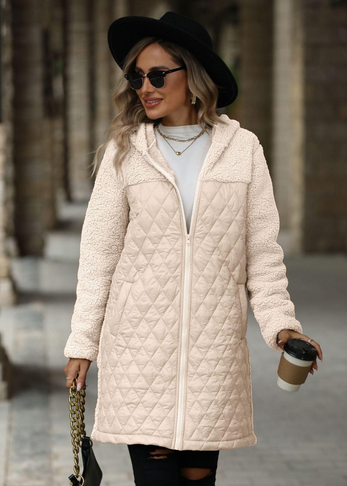 Women's plush hooded zipper coat in cream, quilted front panels and hood