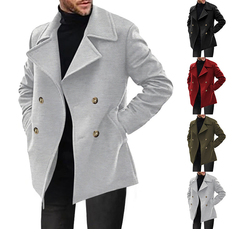 Light gray mid-length men's jacket with wide lapels and gold buttons