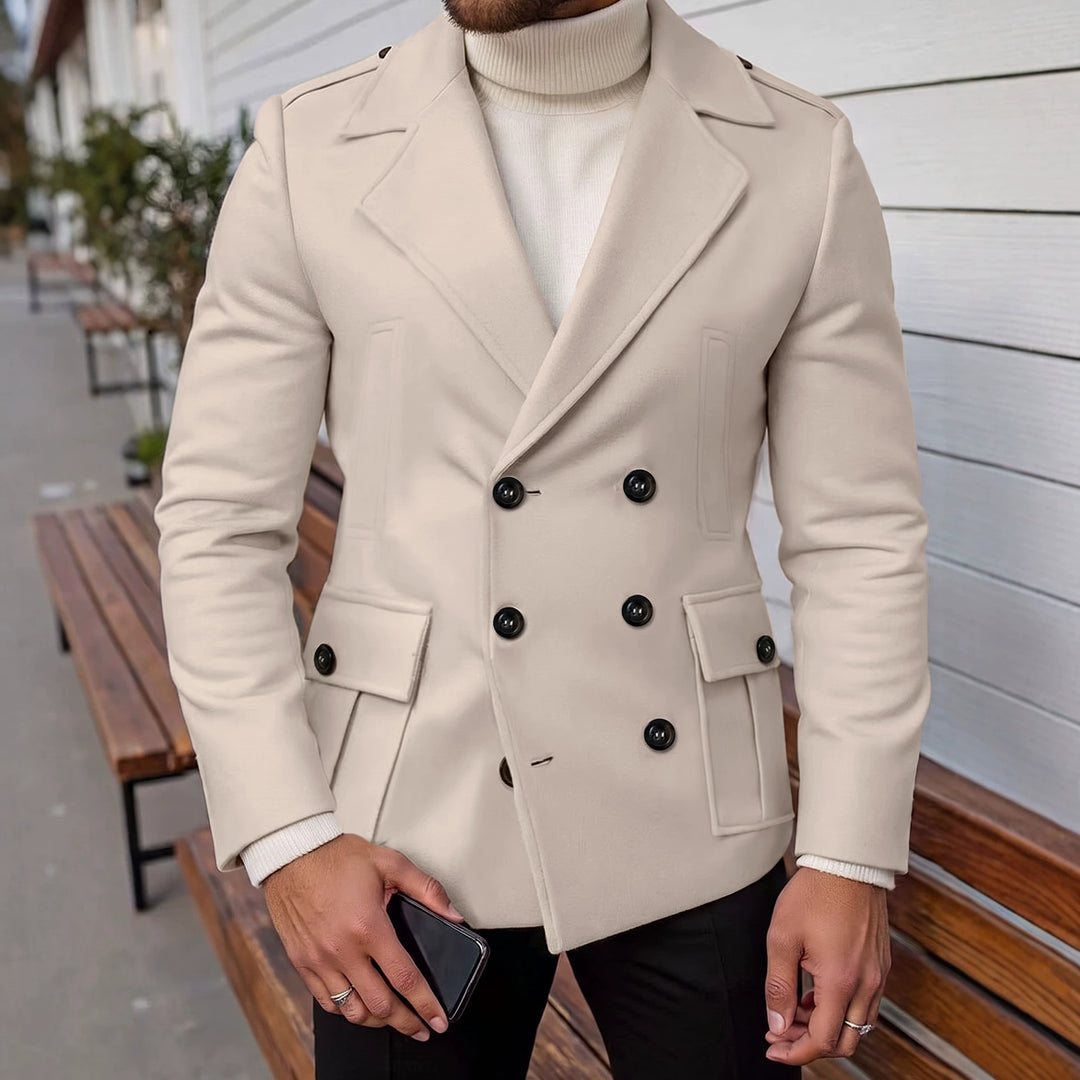 Apricot wool double-breasted overcoat with black buttons and flap pockets