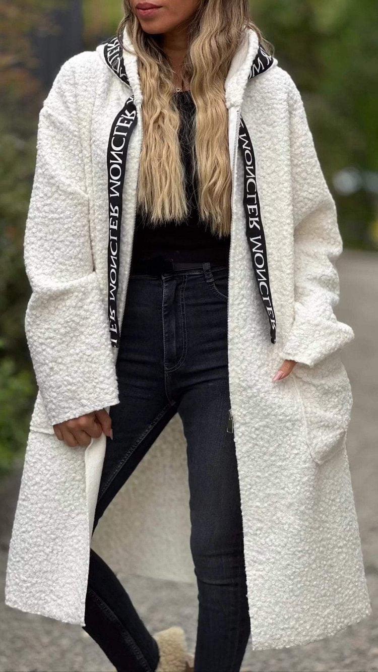 Women’s hooded lamb wool coat in off-white, with lettering-trim hood and side pockets