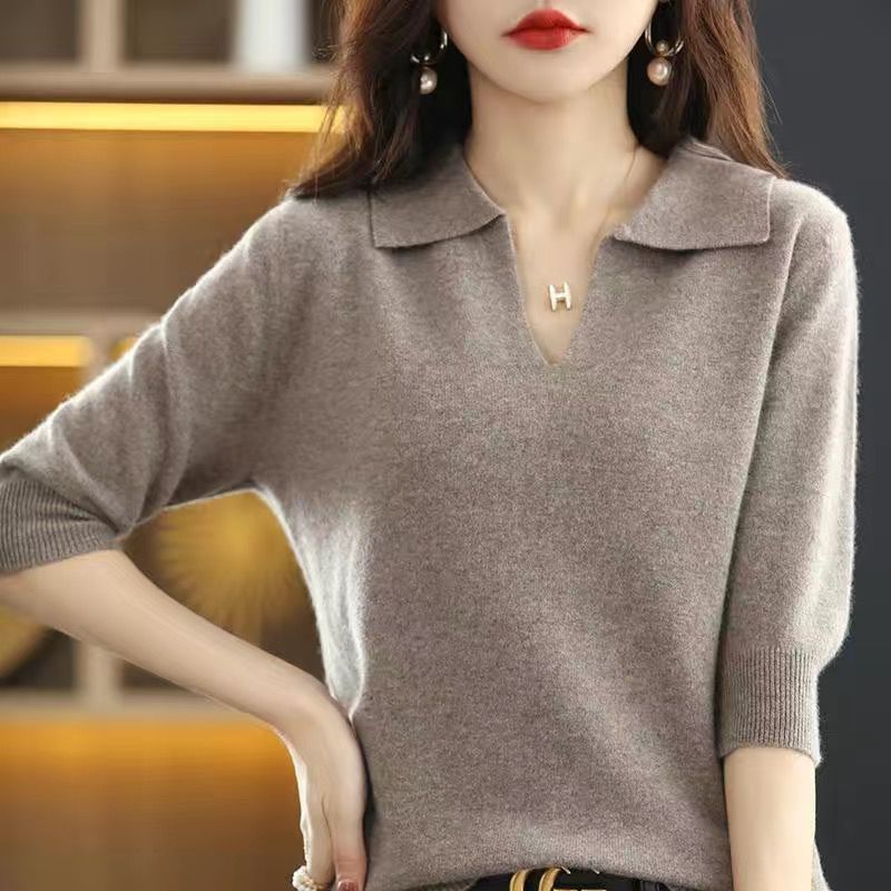 Women's Slim Lapel Collar Knit Top, Elbow Sleeve