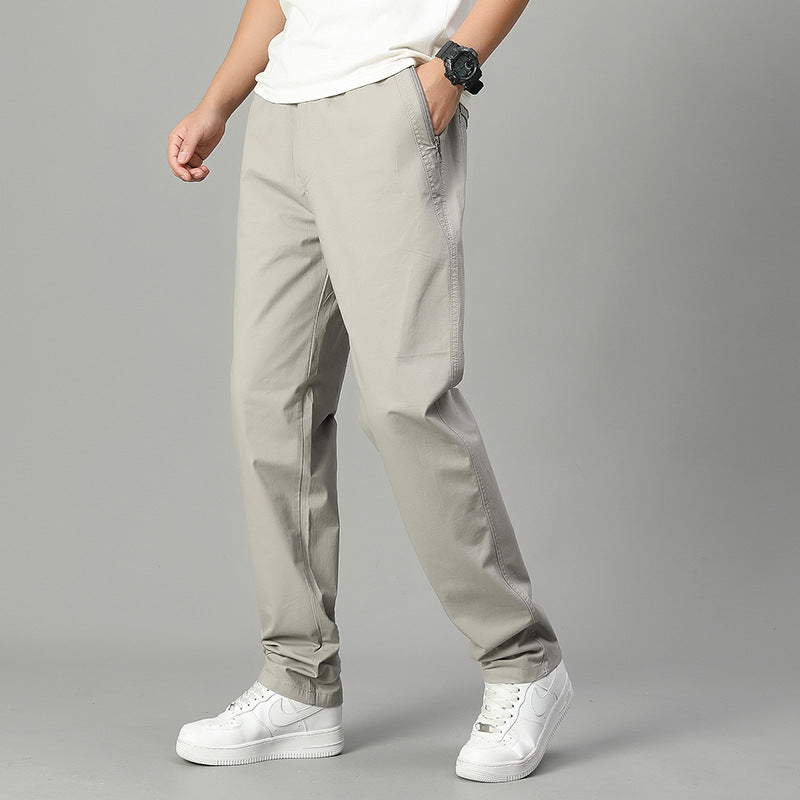 Light gray cotton casual long pants with side pockets and button waist.