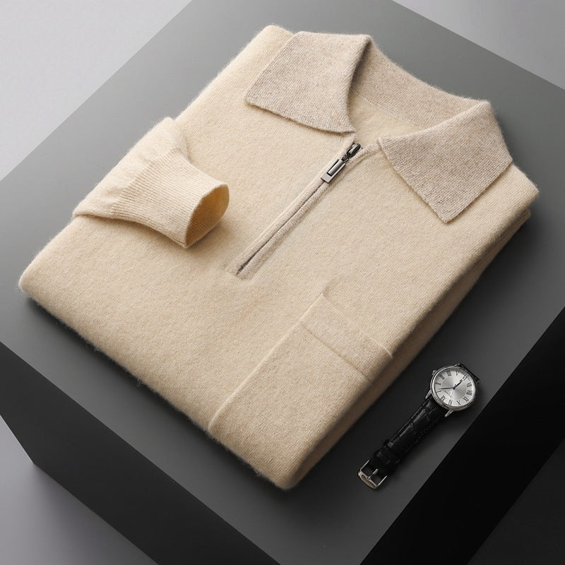 Wool Knitted Half-open Polo Long-sleeved Fleece Sweater - WOMONA.COM