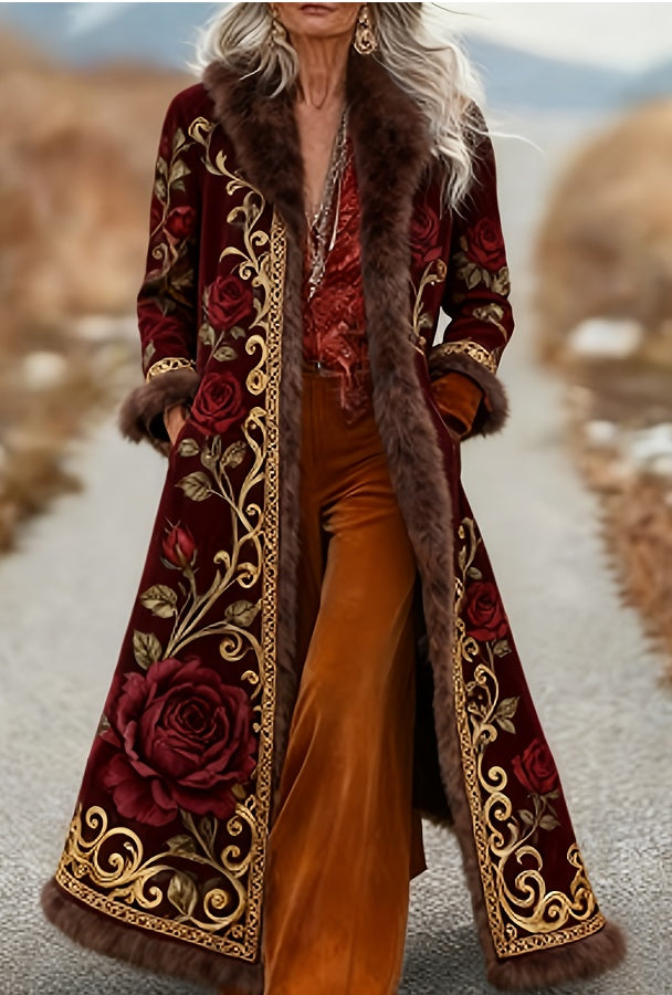 Women's long wool overcoat with faux fur trim, burgundy and gold floral embroidery