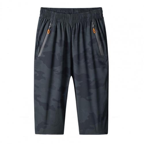 Men's dark blue camouflage 7-point cropped trousers with elastic waistband and side zipper pockets