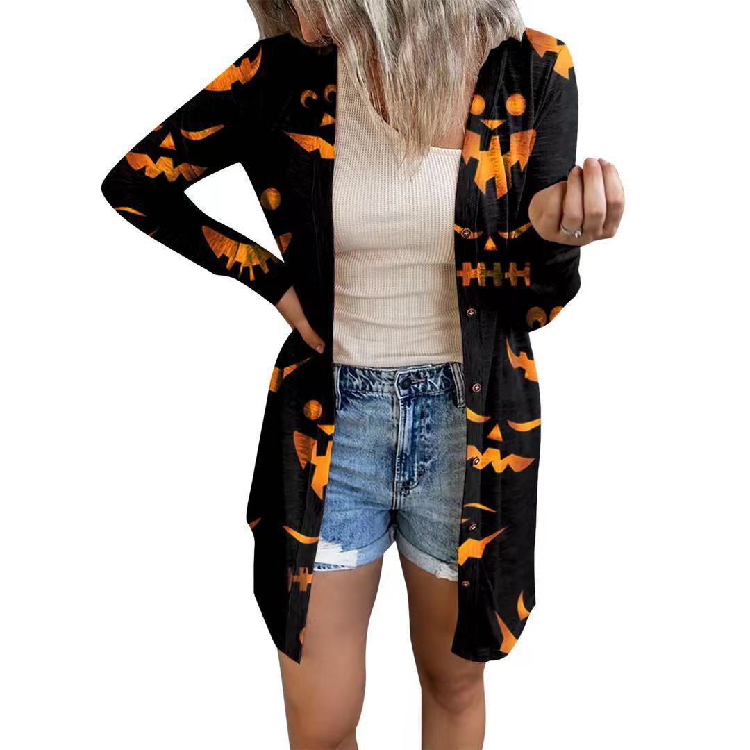 Black open-front printed Halloween cardigan with orange pumpkin and jack-o'-lantern motifs
