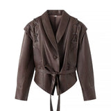 Single-breasted With Belt Leather Coat Women - WOMONA.COM