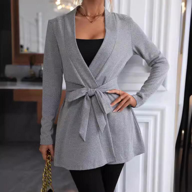 Solid Color Herringbone Print Waist Trench Coat - WOMONA.COM