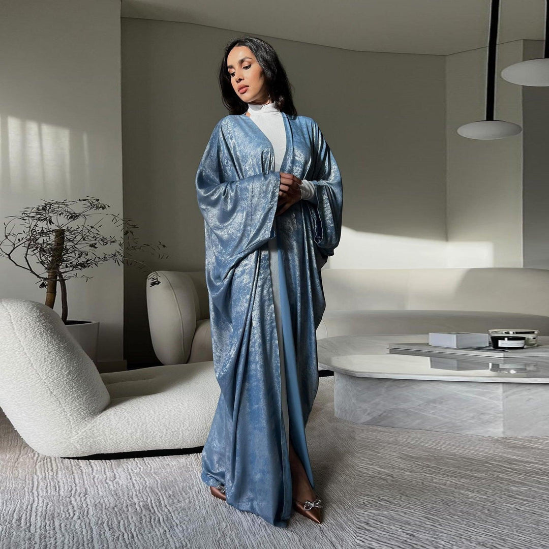 Blue metallic abaya robe outerwear with draped open front and wide sleeves