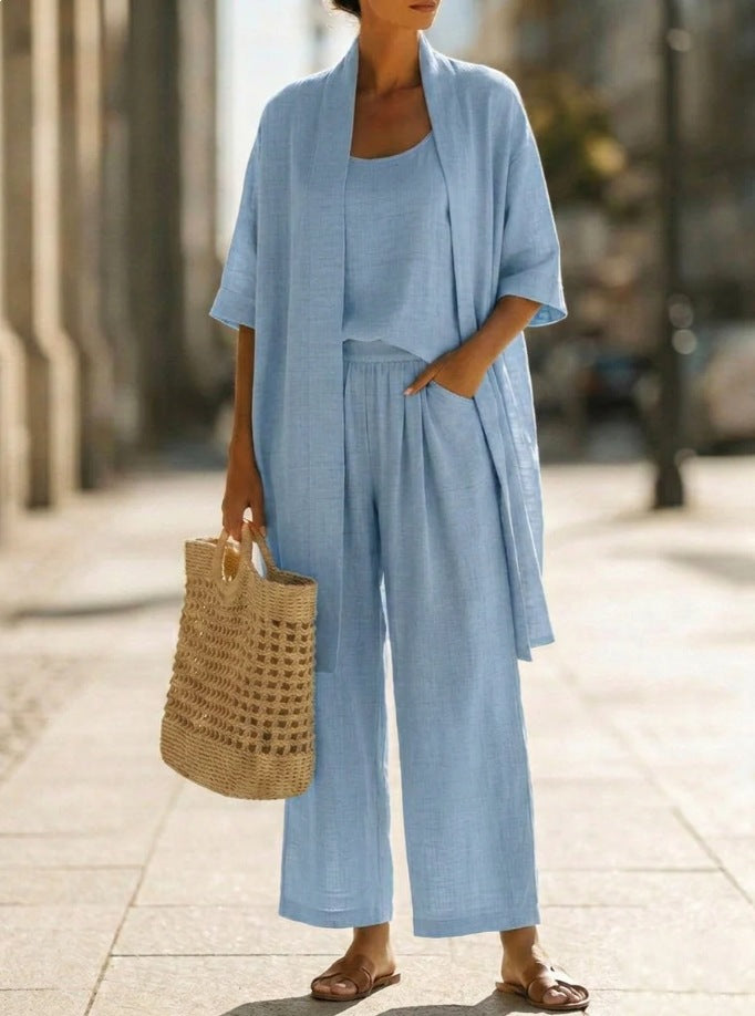 Women's cardigan tank and straight-leg pants set