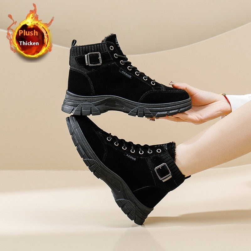 Women's Cotton-padded Shoes Round Toe Thick Bottom Fleece-lined Warm Suede Boots