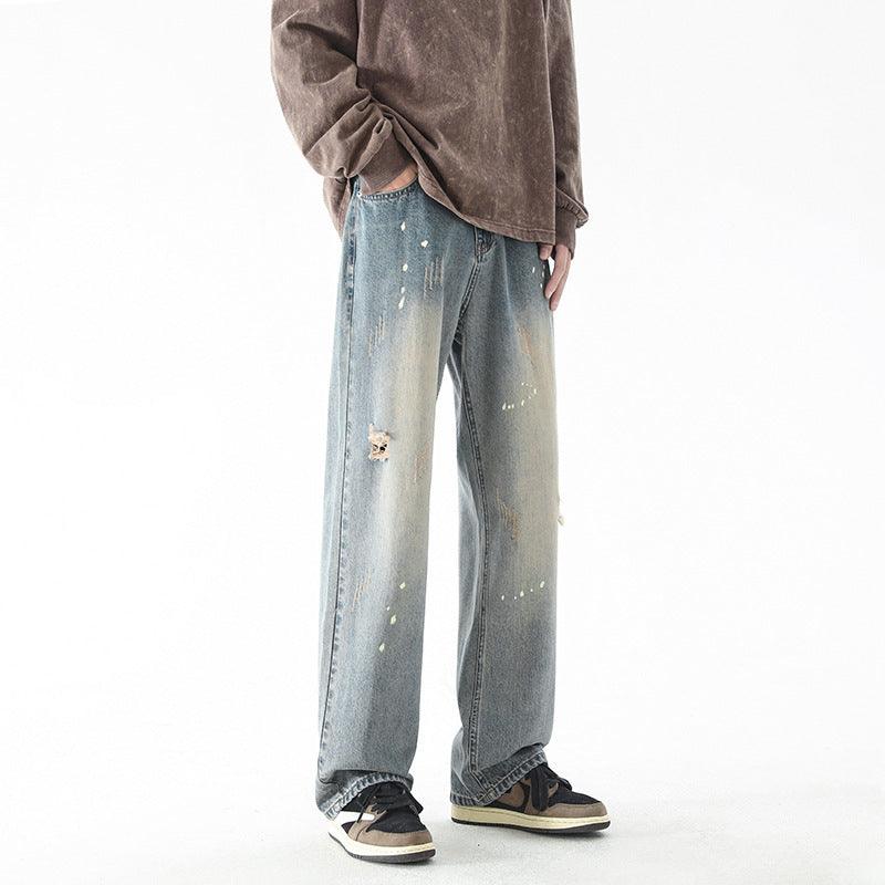 Water Washed Hole Jeans Men's Straight-leg Trousers - WOMONA.COM