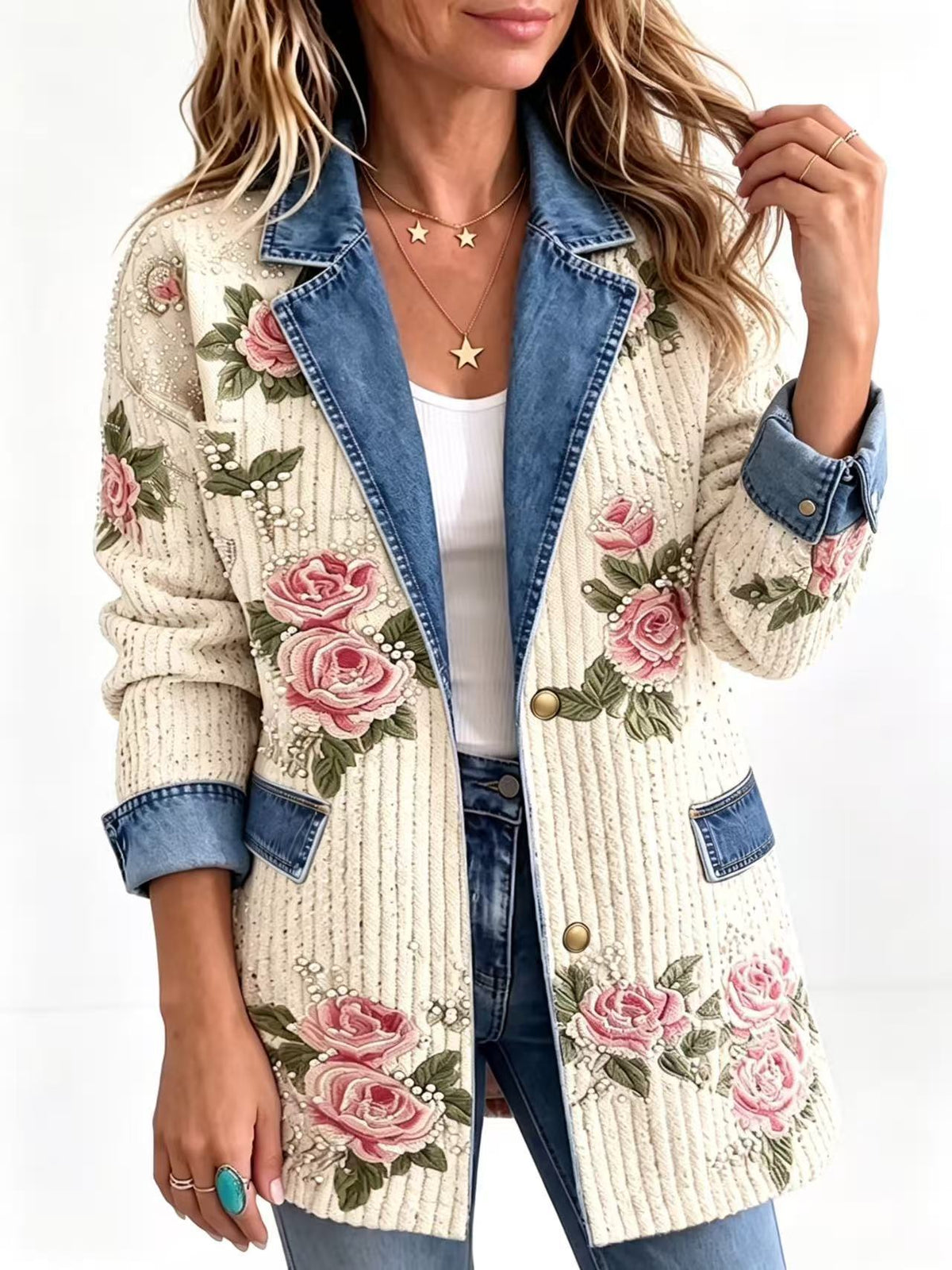 Women's Floral & Paisley Denim-Look Blazer, Apricot - product view 10