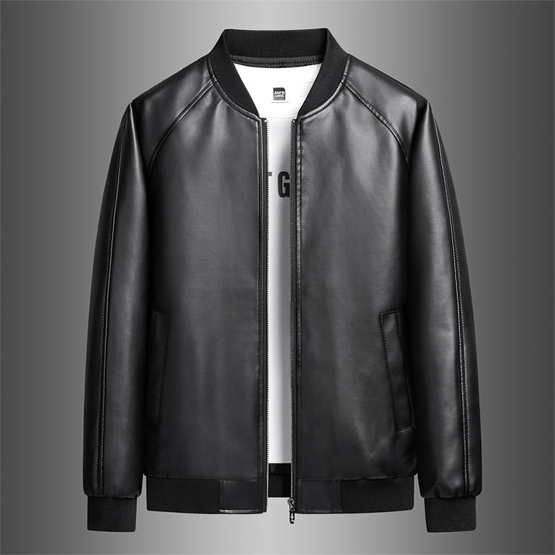 Black leather bomber jacket with full-zip front, stand collar, side pocket