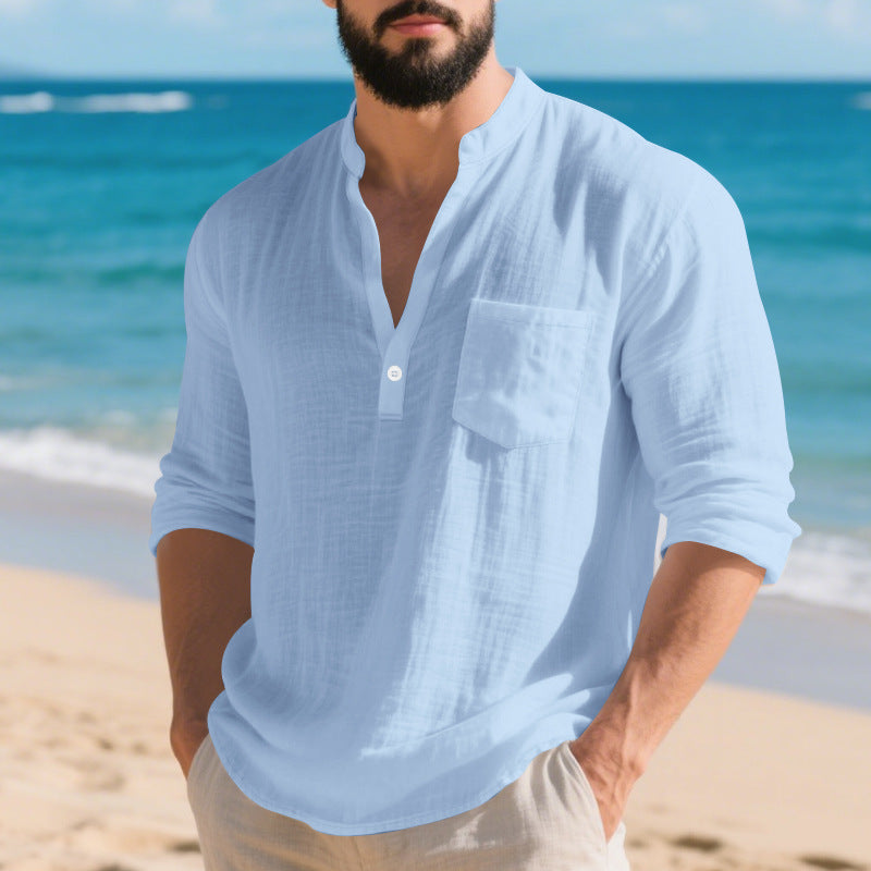Men's light blue linen long-sleeve henley shirt with chest pocket and 2-button placket
