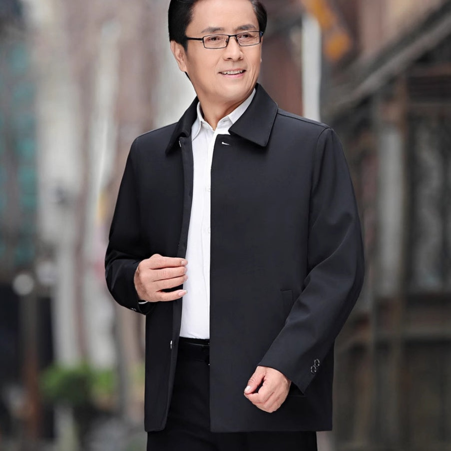 Men's black cotton-padded casual jacket with button front and stand collar